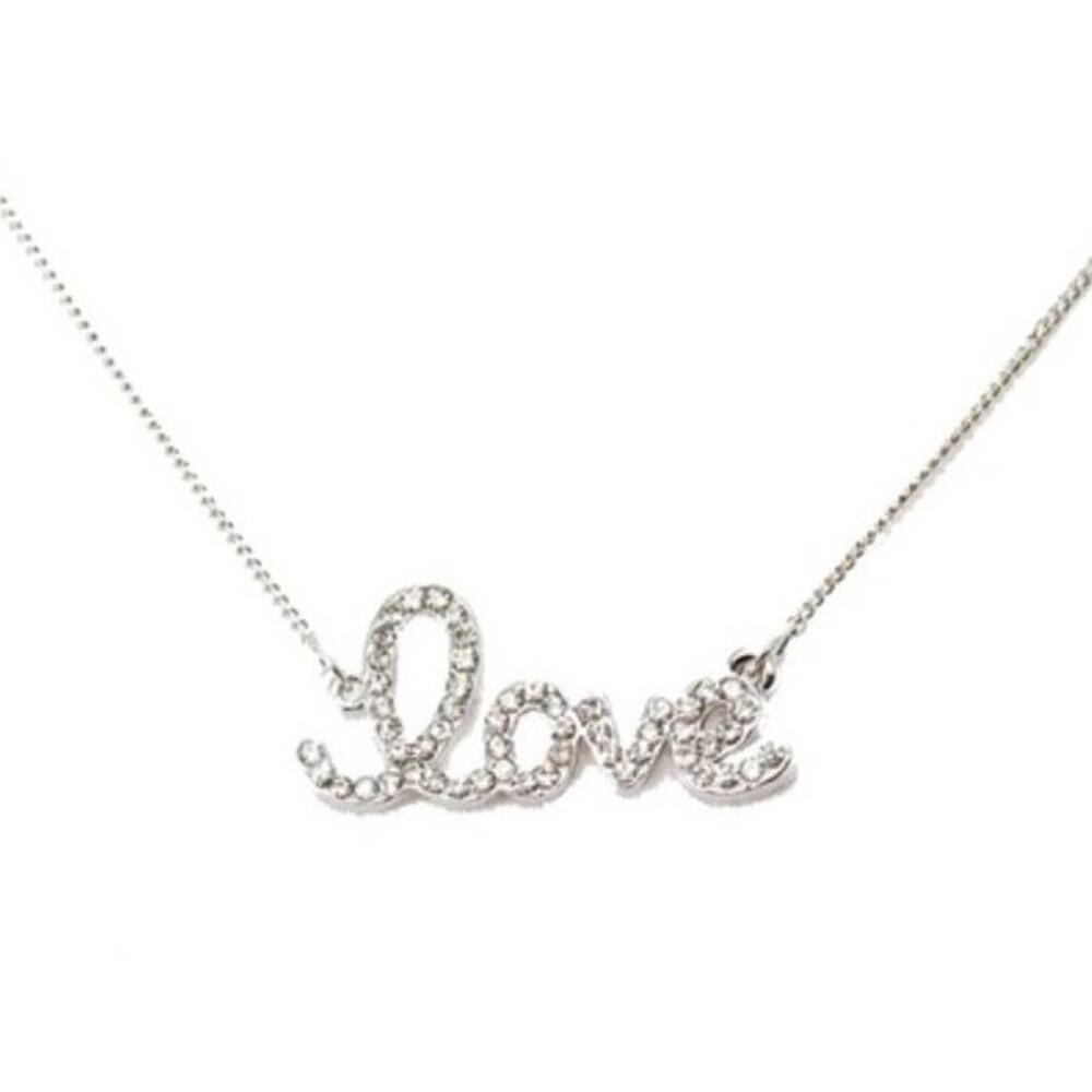 Silver Pave Love Necklace 18k gold plated script 16"-19" mini glass rhinestones